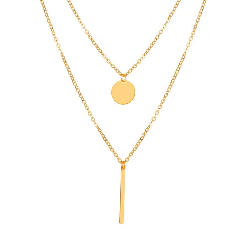 Layered Gold Coin Disc and Vertical Bar Pendant Necklace